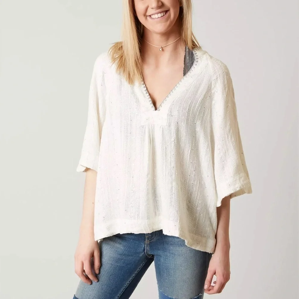 Free People Get Over It Top Bell Sleeve Sequins Metallic Boho Ivory blouse Small